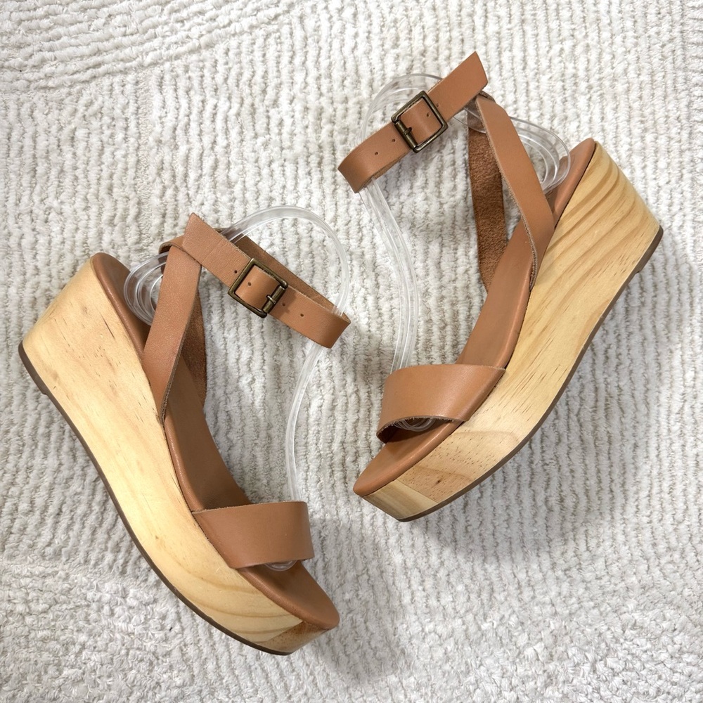 Nisolo Sarita Tan Leather Wooden Wedge Sandals Size 9 - Picture 5 of 13